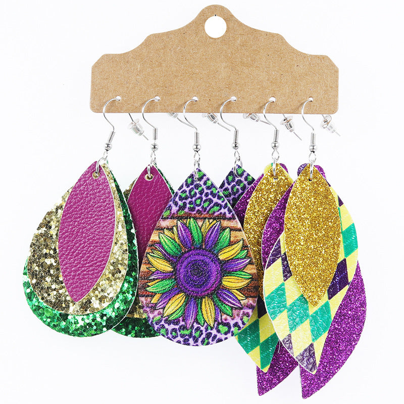 Wholesale explosions Carnival earrings multi-layer sequins water droplets leopard leather earrings set earrings spot